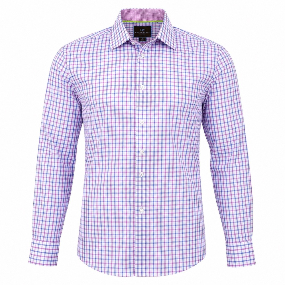 Tattersall London Dress Shirt Men 16 32/33 Purple Blue Check Button Front Preppy